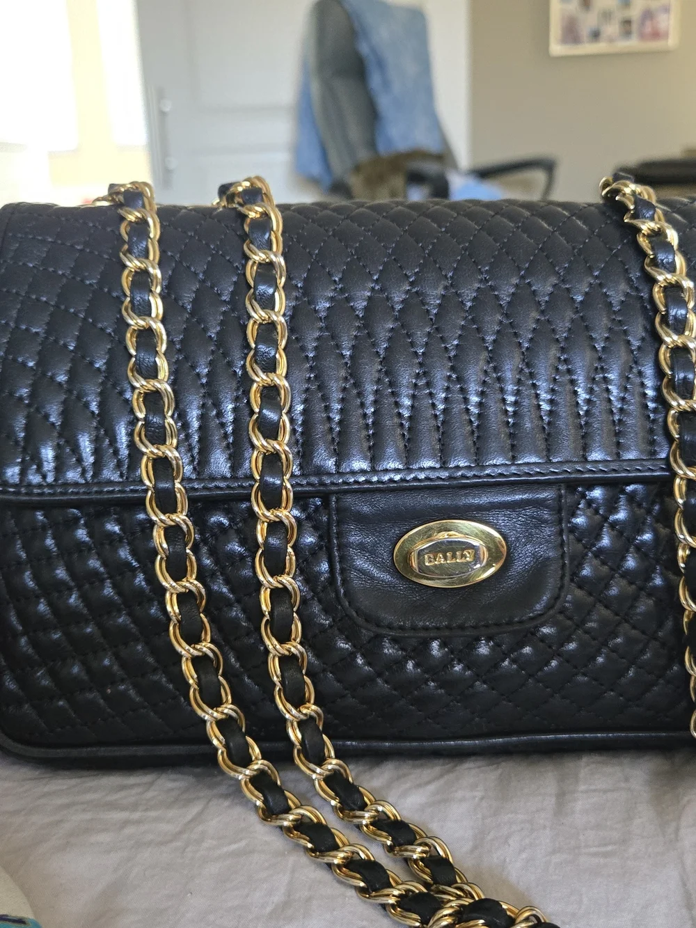 Quilted Vintage Bally Black Leather Chain Shoulder Bag with Gold Hardware